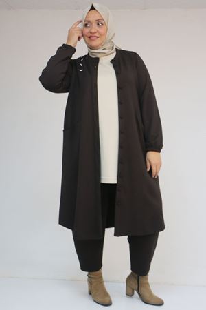 53054 Büyük Beden Boydan Düğmeli Modal Ceket - Kahve