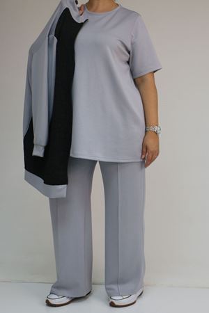 57304 Büyük Beden Ceketli Modal-Kapitone Üçlü Takım - Siyah-Gri