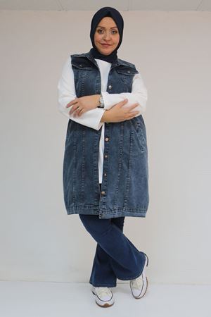 44002 Büyük Beden Çift Cepli Kot Yelek - Kar Yıkama Lacivert