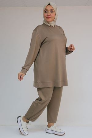 57052 Büyük Beden Pantolon Paçası Lastikli İkili Modal Takım - Vizon