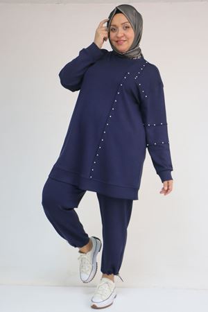 57052 Büyük Beden Pantolon Paçası Lastikli İkili Modal Takım - İndigo