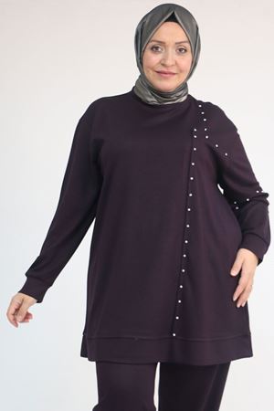 57052 Büyük Beden Pantolon Paçası Lastikli İkili Modal Takım - Mürdüm