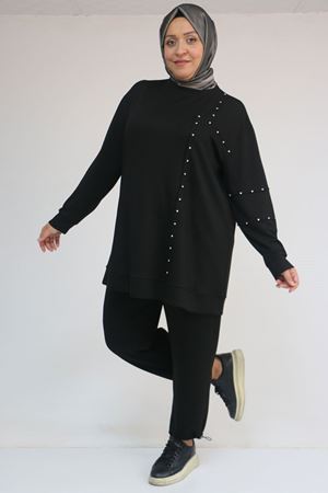 57052 Büyük Beden Pantolon Paçası Lastikli İkili Modal Takım - Siyah