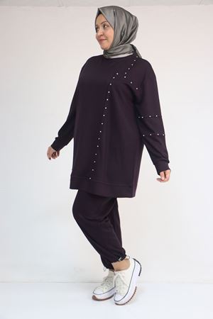 57052 Büyük Beden Pantolon Paçası Lastikli İkili Modal Takım - Mürdüm