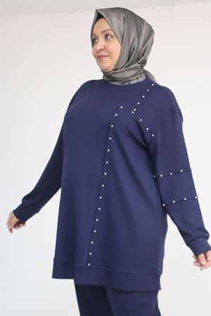 57052 Büyük Beden Pantolon Paçası Lastikli İkili Modal Takım - İndigo