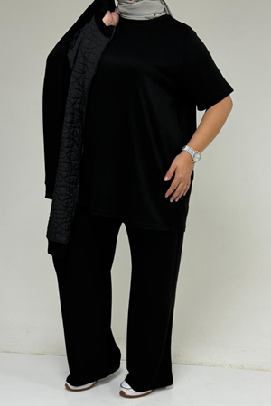 57304 Büyük Beden Ceketli Modal-Kapitone Üçlü Takım - Siyah-Siyah