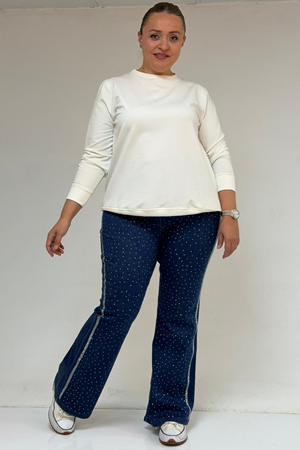 59038 Büyük Beden İspanyol  Paça Taş Baskı Detaylı Kot Pantolon - Lacivert