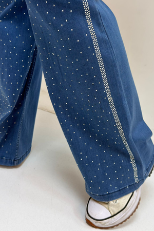 59038 Büyük Beden İspanyol Paça Taş Baskı Detaylı Kot Pantolon - Mavi