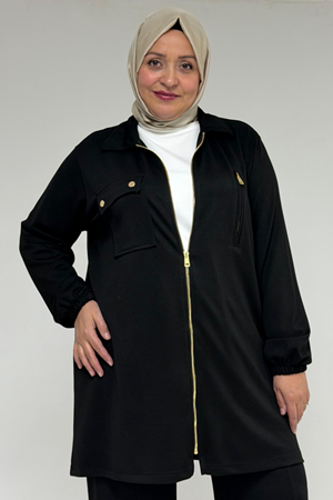 57040 Büyük Beden Fermuar Detaylı Modal İkili Takım - Siyah