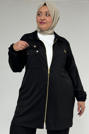 57040 Büyük Beden Fermuar Detaylı Modal İkili Takım - Siyah