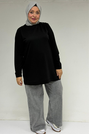 58171 Büyük Beden Omuzunda Taş Detaylı Kristal Tunik - Siyah