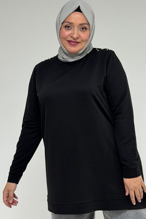 58171 Büyük Beden Omuzunda Taş Detaylı Kristal Tunik - Siyah