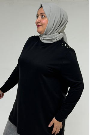 58171 Büyük Beden Omuzunda Taş Detaylı Kristal Tunik - Siyah