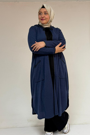 53063 Büyük Beden Biyeli Cepli Mir Ceket - İndigo
