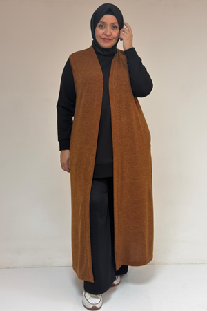 54015 Büyük Beden Yırtmaçlı Cepli Uzun Mir Yelek - Taba