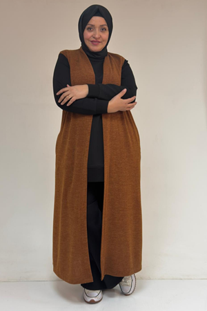 54015 Büyük Beden Yırtmaçlı Cepli Uzun Mir Yelek - Taba