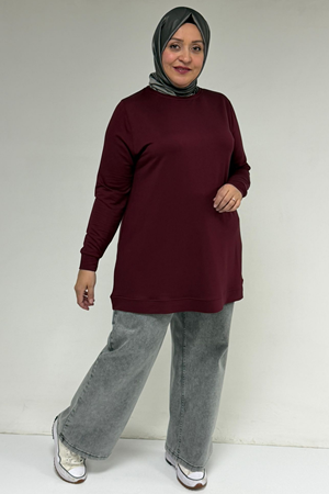 58170 Büyük Beden Eteği Kendi Kumaşından Ribanalı Kristal Tunik - Bordo