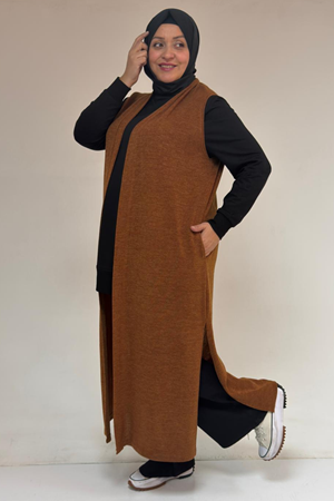 54015 Büyük Beden Yırtmaçlı Cepli Uzun Mir Yelek - Taba