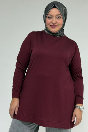 58170 Büyük Beden Eteği Kendi Kumaşından Ribanalı Kristal Tunik - Bordo
