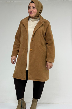 53051 Büyük Beden Keçe Kaban - Taba