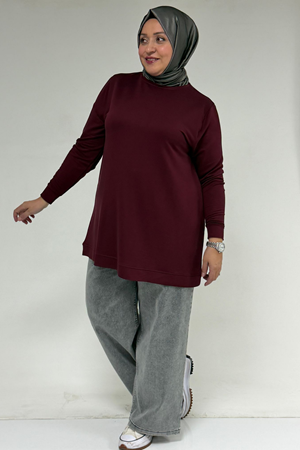 58170 Büyük Beden Eteği Kendi Kumaşından Ribanalı Kristal Tunik - Bordo