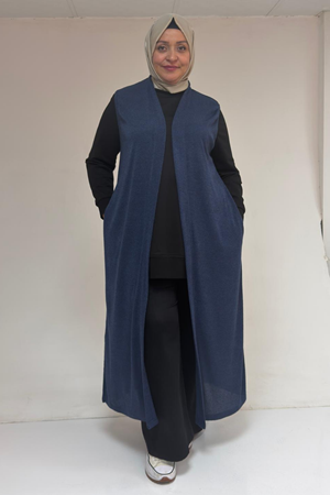 54015 Büyük Beden Yırtmaçlı Cepli Uzun Mir Yelek - İndigo