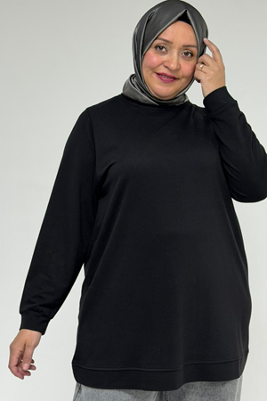 58170 Büyük Beden Eteği Kendi Kumaşından Ribanalı Kristal Tunik - Siyah