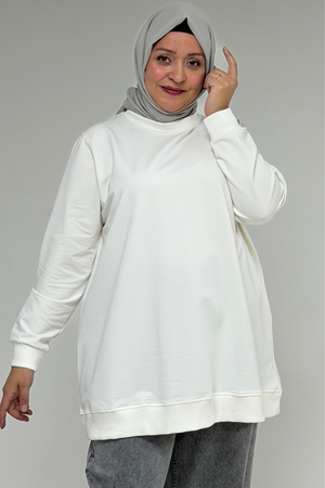 58170 Büyük Beden Eteği Kendi Kumaşından Ribanalı Kristal Tunik - Ekru