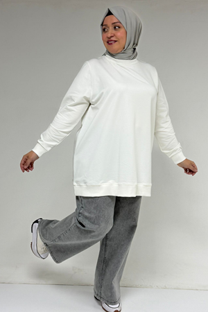 58170 Büyük Beden Eteği Kendi Kumaşından Ribanalı Kristal Tunik - Ekru