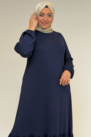 52033 Büyük Beden Eteği Fırfırlı Modal Elbise - İndigo