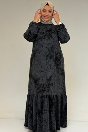 52032 Büyük Beden Eteği Fırfırlı Batik Modal Elbise - Batik Siyah