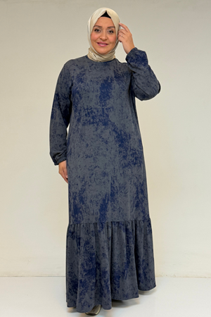 52032 Büyük Beden Eteği Fırfırlı Batik Modal Elbise - Batik İndigo