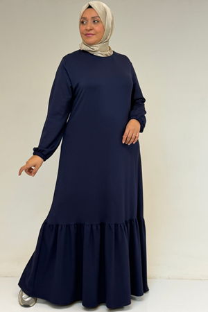 52033 Büyük Beden Eteği Fırfırlı Modal Elbise - İndigo