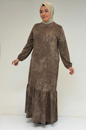 52032 Büyük Beden Eteği Fırfırlı Batik Modal Elbise - Batik Vizon