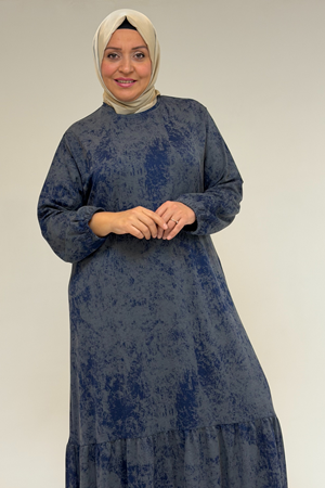 52032 Büyük Beden Eteği Fırfırlı Batik Modal Elbise - Batik İndigo