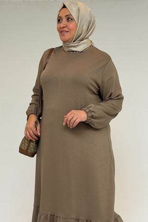 52033 Büyük Beden Eteği Fırfırlı Modal Elbise - Vizon