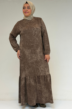 52032 Büyük Beden Eteği Fırfırlı Batik Modal Elbise - Batik Vizon