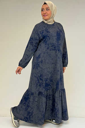 52032 Büyük Beden Eteği Fırfırlı Batik Modal Elbise - Batik İndigo