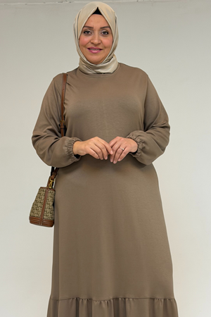 52033 Büyük Beden Eteği Fırfırlı Modal Elbise - Vizon