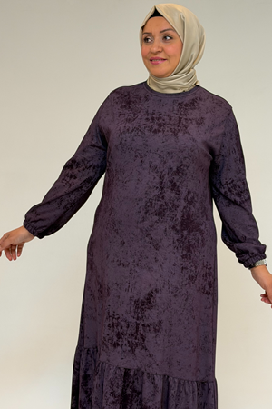 52032 Büyük Beden Eteği Fırfırlı Batik Modal Elbise - Batik Mürdüm