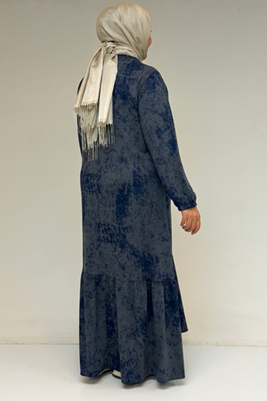 52032 Büyük Beden Eteği Fırfırlı Batik Modal Elbise - Batik İndigo