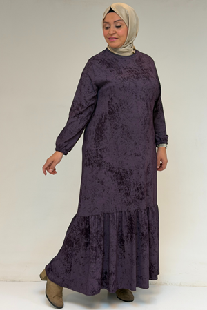 52032 Büyük Beden Eteği Fırfırlı Batik Modal Elbise - Batik Mürdüm