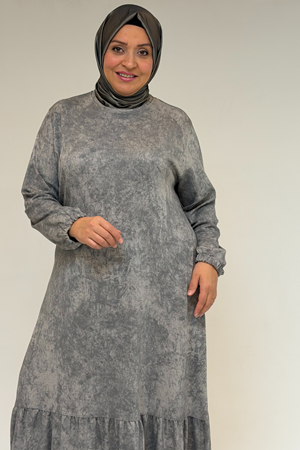 52032 Büyük Beden Eteği Fırfırlı Batik Modal Elbise - Batik Gri