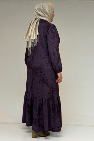 52032 Büyük Beden Eteği Fırfırlı Batik Modal Elbise - Batik Mürdüm