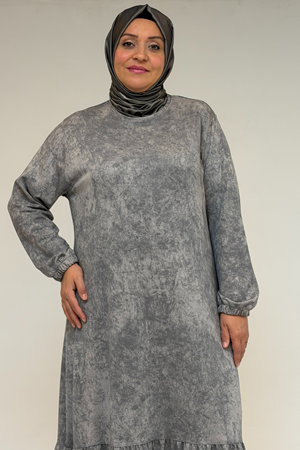 52032 Büyük Beden Eteği Fırfırlı Batik Modal Elbise - Batik Gri