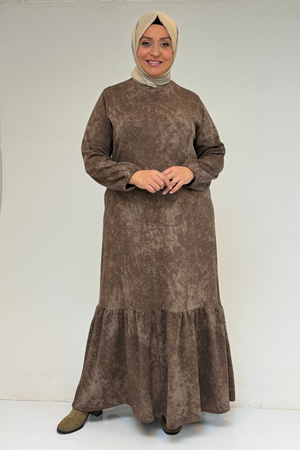 52032 Büyük Beden Eteği Fırfırlı Batik Modal Elbise - Batik Vizon