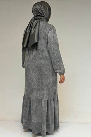 52032 Büyük Beden Eteği Fırfırlı Batik Modal Elbise - Batik Gri