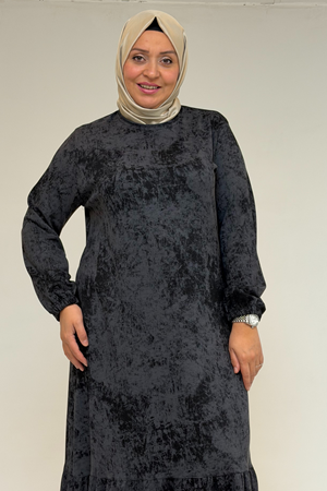 52032 Büyük Beden Eteği Fırfırlı Batik Modal Elbise - Batik Siyah