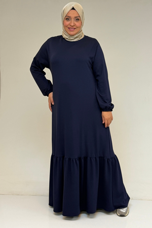 52033 Büyük Beden Eteği Fırfırlı Modal Elbise - İndigo