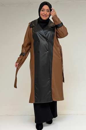 43099 Büyük Beden Deri Kombinli Düğmeli Kap - Taba